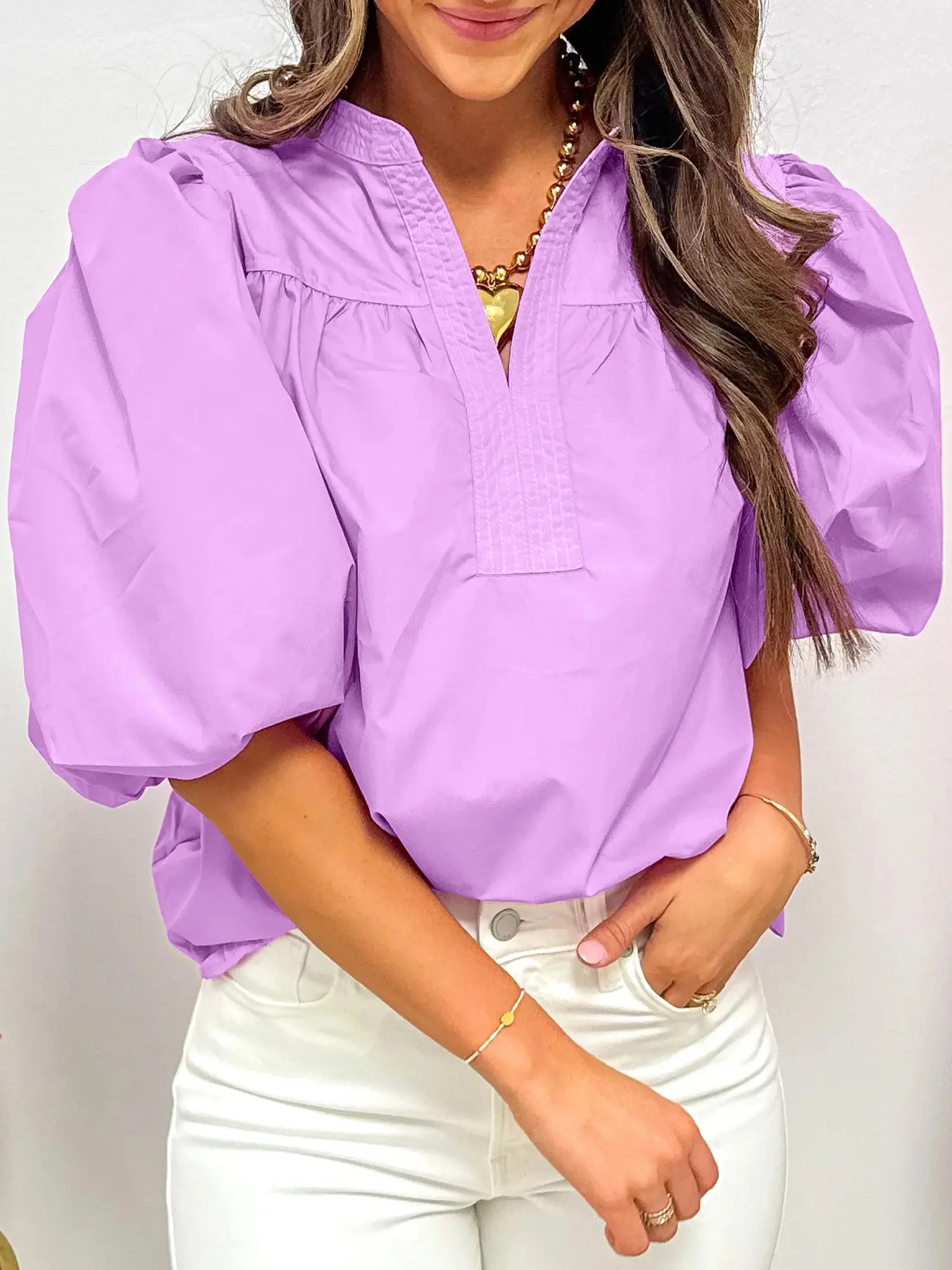 Women's Purple Phalaenopsis Stitched Detail V-Neck Balloon Half-Sleeve Cotton Poplin Blouse - Casual, Elegant, Breathable Summer Top for Professional Work, Balloon Sleeves Blouses & Shirts, Office Ootd, Style Inspo