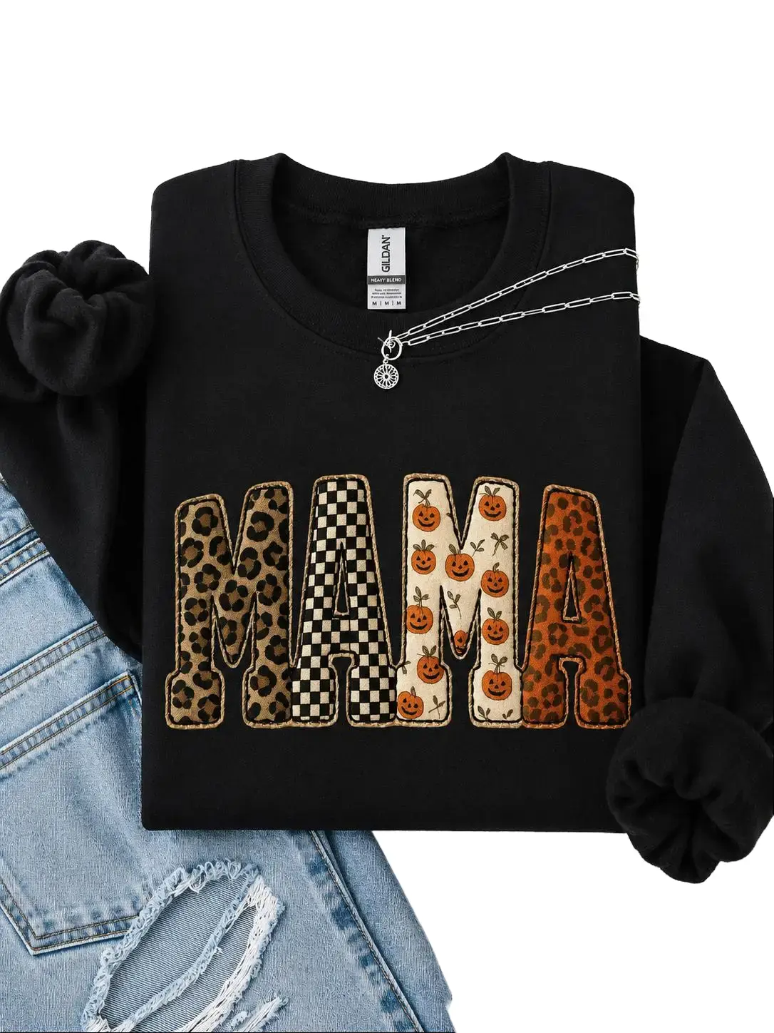 ( FAUX PATCHWORK-PRINT ) Mama, Halloween Pattern, Leopard Print, Checkered, Pumpkin Sweatshirt, Spooky, Witch, Pumpkin, Halloween, Crew Neck, Women's, Crewneck