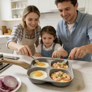 Four-hole non-stick omelette pan, breakfast essential, mini frying pan, multi-functional breakfast pan. Perfect for frying eggs, shrimp, and ham, as well as making burgers and pancakes. Easy to clean, suitable for gas stoves, and a popular kitchen gadget