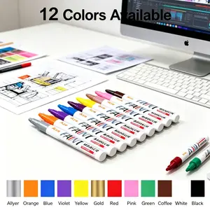 12-Color Tire Paint Pen, Permanent Oil-Based Marker- Quick Drying Waterproof Long Lasting Colorfast DIY Detail Pen - Rims,Tires, Auto Parts, Metal, Wood, Plastic, Rock, Canvas, Glass, Rubber, Paint Marker Pens for Car Owners, Home DIY, Handicraft Creators