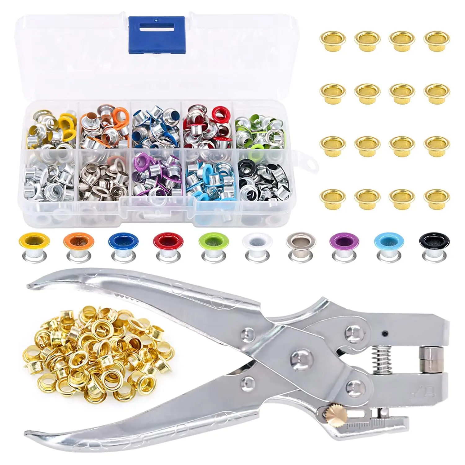 300 count 10 Colors 3/16 inch Metal Grommets Kit and 1 count Eyelet Hole Punch Pliers with 100 count  Grommets, Metal Eyelets Kits Shoe Eyelets Grommet Sets for Leather Fabric Belt Clothes