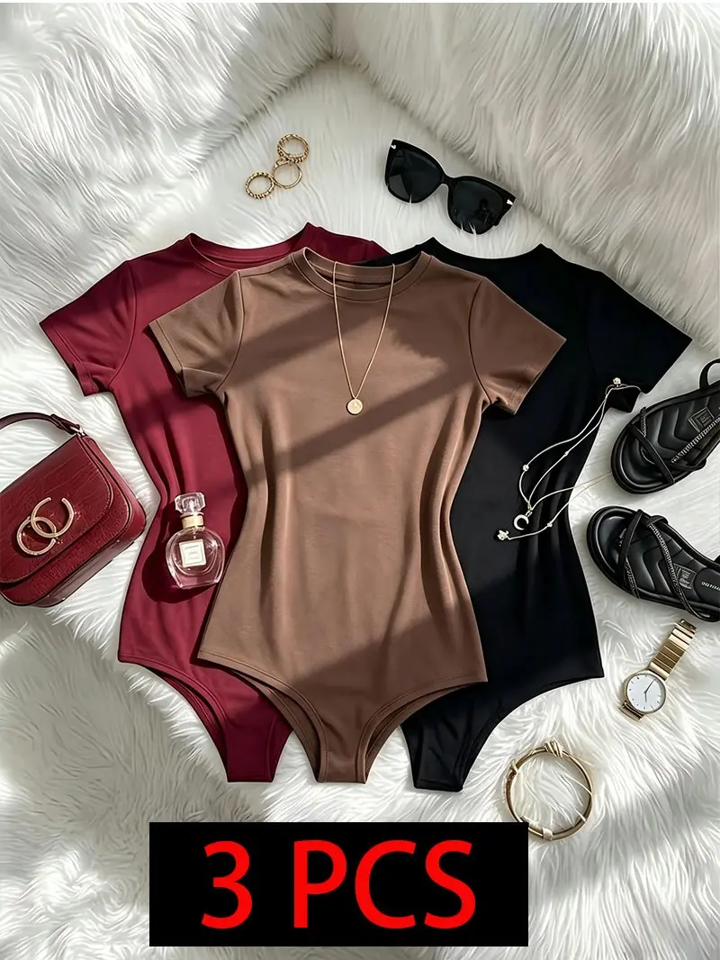 Women's Knit Lounge Set, 3-Piece Slim-Fitting Minimalist Outfit with Short Sleeve Crewneck Top, Cardigan and Shorts, Solid Polyester Clothes, Knit Crewneck