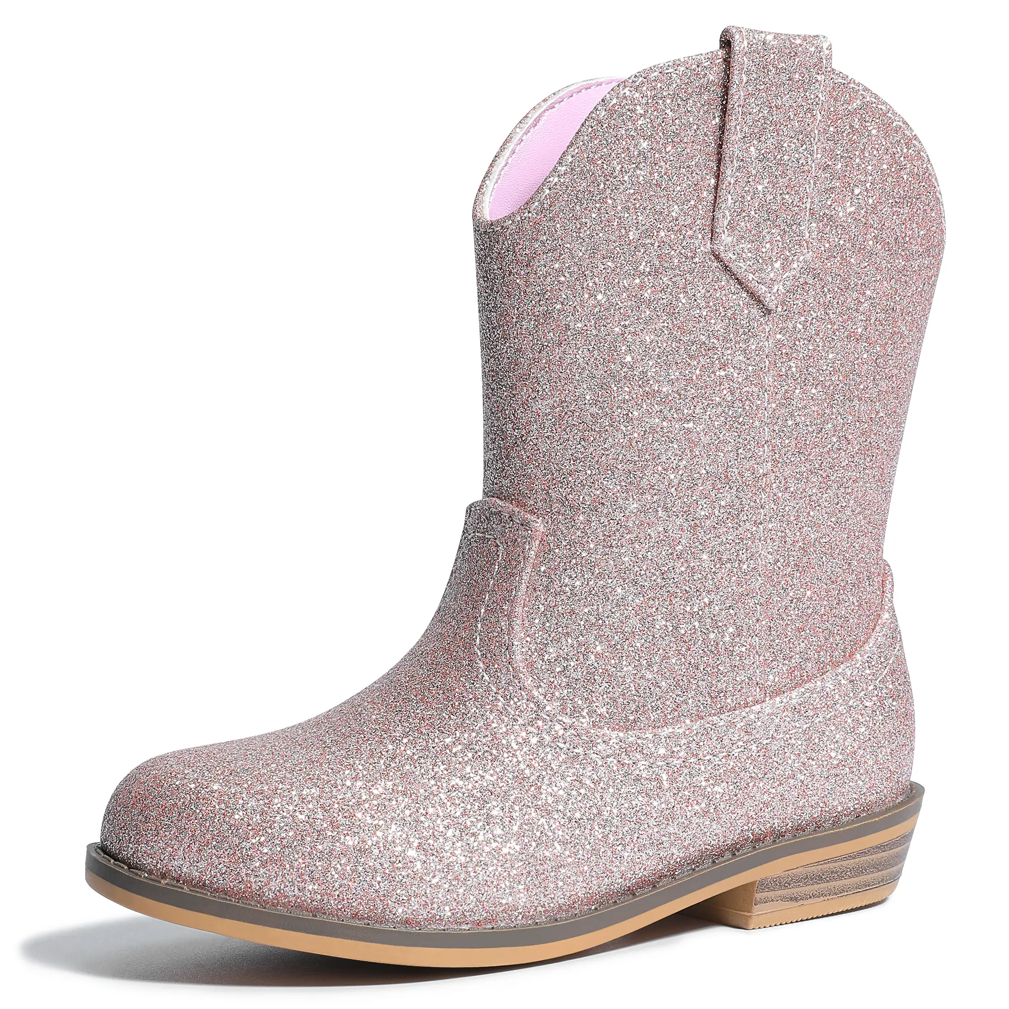 Girls' Pink Sparkly PU Leather Vintage Embroidered Round-Toe High-Heeled Insulated Western Boots, All-Seasons Comfortable Footwear for Little Cowgirls