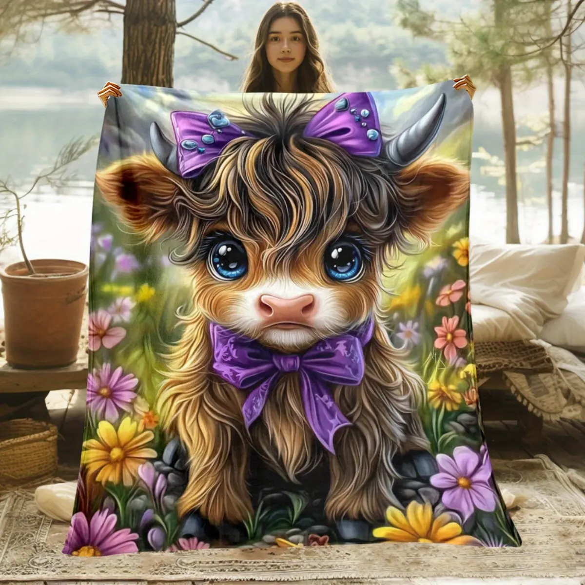 1pc Highland Cow Flannel Fleece Throw Blanket with Purple Bow, Floral Theme - Lightweight, Soft, Warm Polyester Fleece, All-Season Digital Print, Multi-Size Indoor Decor for Sofa, Bed, Fluffy Blankets, Flannel Blankets