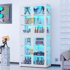 Display Cabinet with Glass Doors, 6-Tier 67" Curio Cabinet with Multi-Color LED Lights and 4 Adjustable Shelves, Glass Display Case for Collectibles, Bookcase,Metal Storage Cabinets