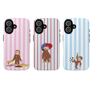 Cute Monkey Cartoon Tough Phone Case – Fun Striped Design Protective Cover, Curious Georgee Phone Cover, Football