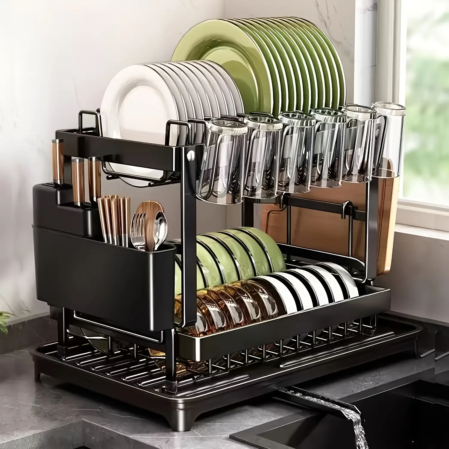2-Tier Dish Drying Rack with Drain Tray, Large Capacity Kitchen Counter Organizer for Plates, Bowls, Cups and Utensils space-saving cocina shelf