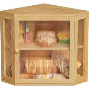 Corner Bread Box,Bread Box for Countertop,Layer Bamboo Wood Large Capacity Bread Bin with Acrylic Wavy Door Panel(Meduim) 99ZMX01Y﻿