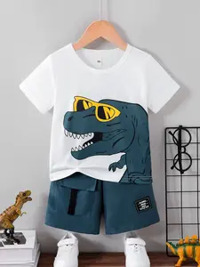 Boys' Summer Fashion Round Neck T-Shirt with Humorous Dinosaur Print, Trendy Casual Cargo Shorts Set, Comfortable Short Sleeve