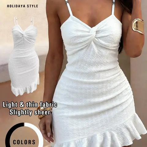 Women's Vacation Style Spaghetti Strap Sleeveless Short Dress, Beach Dresses, Bodycon Summer Dress, Side Gathered Design, Asymmetric Cut, Perfect for Summer, Beach, Casual Wear, Asymmetrical