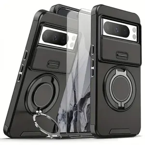3 PCS [1 Phone Case with 2X Clear Screen Protectors] Suitable for Google Pixel 10 9Pro XL 10 9Pro 10 9A Pixel 8Pro 8A 7 Pro 7 Series, Shockproof 360° Rotating Metal Multi-functional Stand Phone Case with Sliding Lens Cap Protection Camera Lens Protector