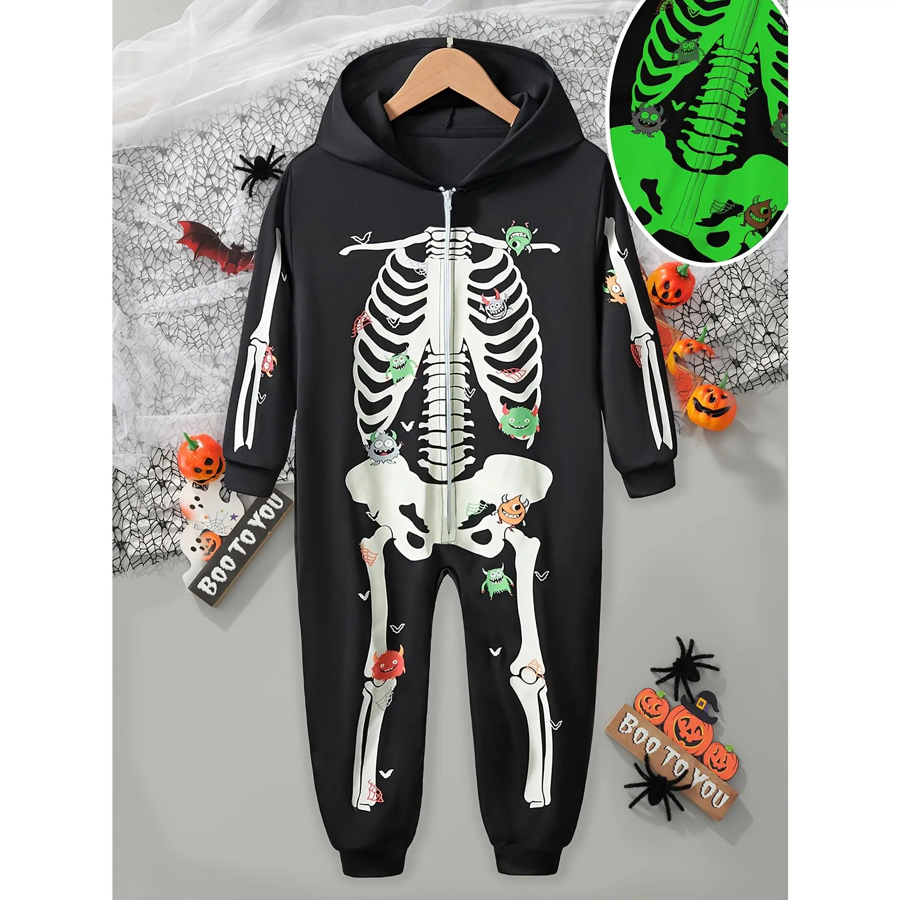 [Glow-in-the-Dark Skeleton Onesie] Halloween Glow-in-the-Dark Skeleton Onesie - Cartoon Monster Print, Hooded Long Sleeve, Party Style for Men