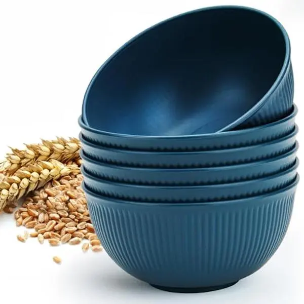 24oz Unbreakable Wheat Straw Fiber Plastic Tableware Bowls, Reusable Plain Lightweight Set of 6, Ideal for Salad, Soup, Snacks