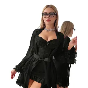 Women’s 3-Piece Lace Silky Satin Pajama Set - Belted Sheer Robe, Sleeveless Tunic Nightdress, Matching Thong, Embellished Tulle & Lace Detailed Decorative Romance Loungewear, Bridal Anniversary Gift, Belt