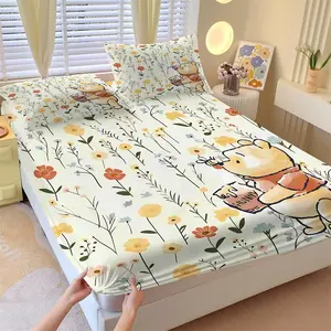 Bear Cartoon Forest Cure Fitted Sheet Set and 2 Pillowcases No Core, Light Yellow Base Color, Watercolor Flowers & Cartoon Bear, Soft Non-Slip Wrinkle Resistant, Fresh Artsy Bedroom Decor, Gift Choice
