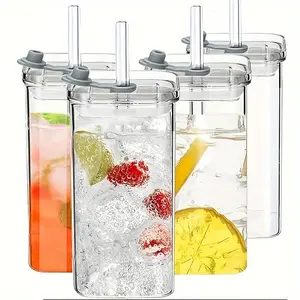 4 Pack 13oz Square Glass Tumblers with Plastic Lids Reusable Heat Transparent Resistant Glass Tumble for Coffee Milk Tea Juice, Gift for Family Friends .Cup Portable Straw.