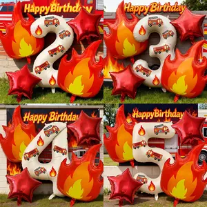 Fire Truck/Firefighter-Inspired Balloon Collection, Decor, Large 32Inch Number Balloons with Stickers, Flame Balloons, and Star Balloons - Perfect for Festive and Party Atmosphere for Happy Birthday, NewYear, Christmas - Durable and No Assembly Required