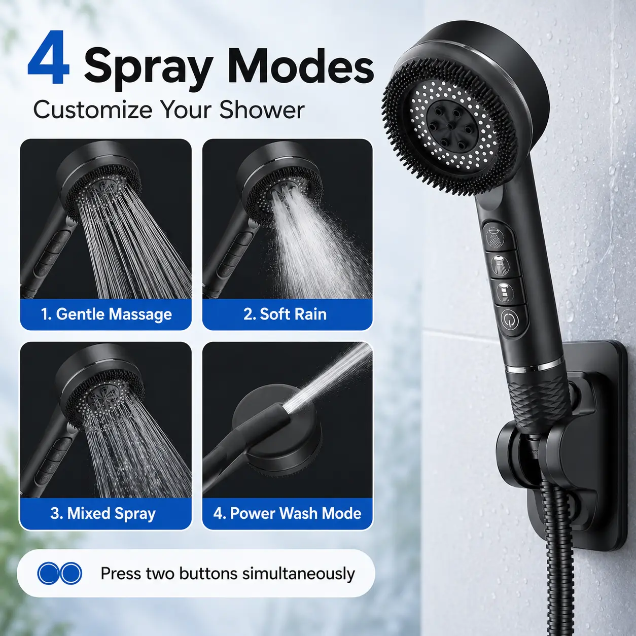 Adjustable Handheld Shower Head with Hose, 4 Modes Powerful High Pressure Jet Clean & Scalp Massage Design, Single or Set Available, Adjustable Handheld Showers