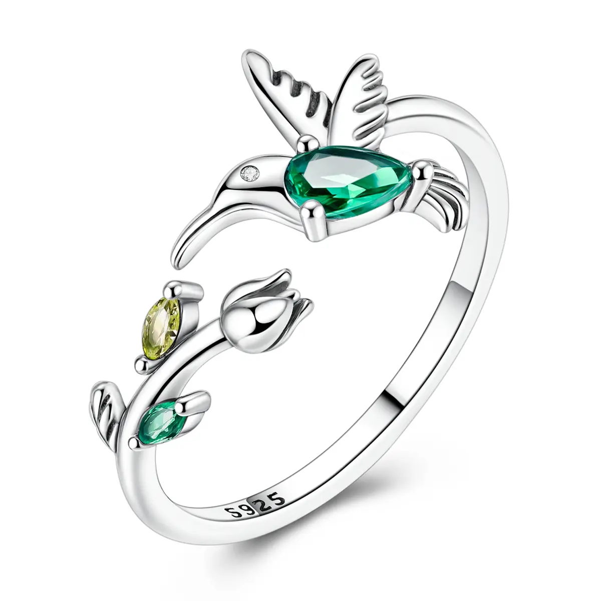 MULA Hummingbird and Tulip Open Ring in Sterling Silver with Green Cubic Zirconia - Adjustable jewelry inspired by nature, the best gift for women, gardening enthusiasts, Adjustable Rings summerwins,summerwins