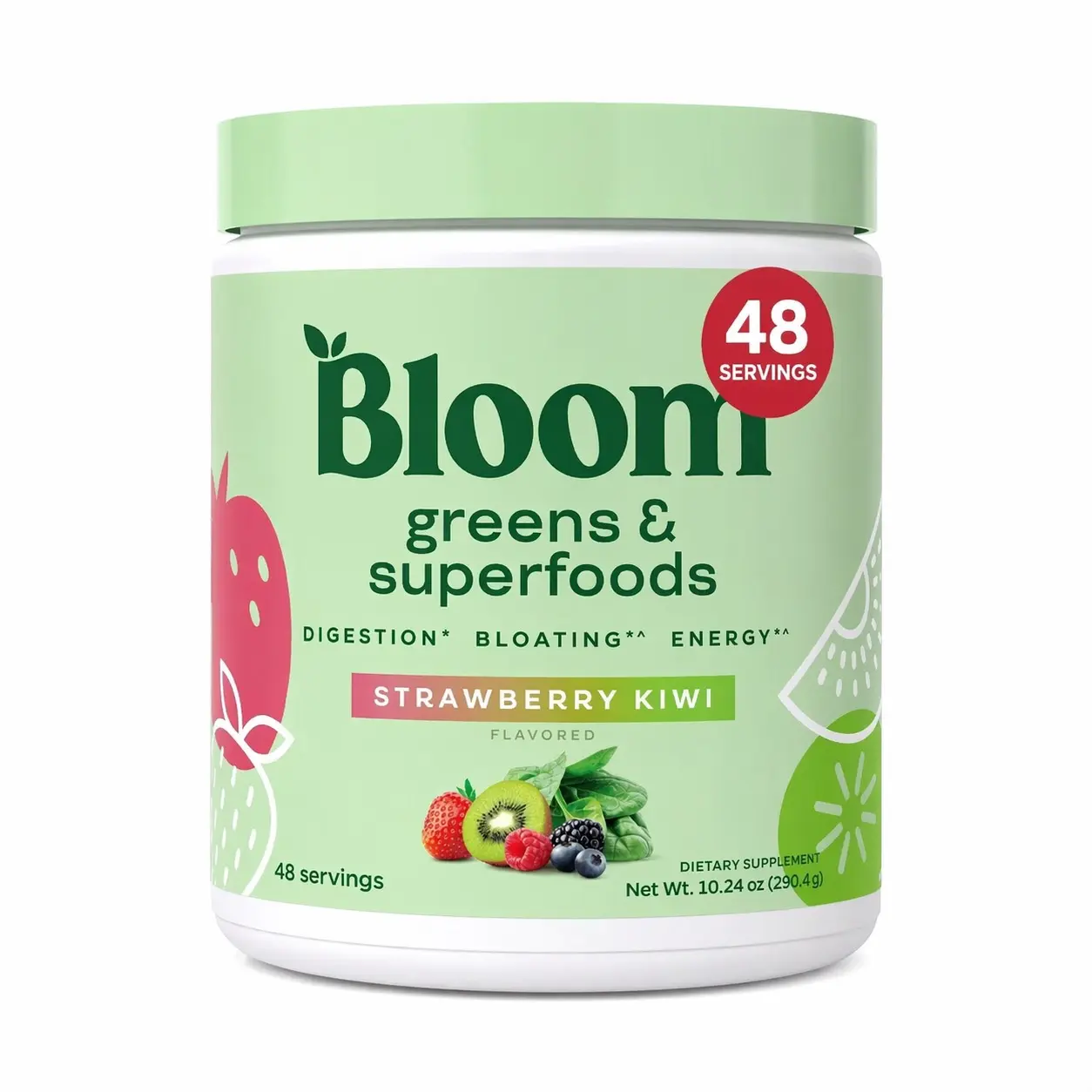 Bloom Greens & Superfoods Vitamin Dietary Supplement Powder - Strawberry Kiwi Flavor, 48 Servings, Balanced Formula Drink Mix for Digestive & Intestinal Support