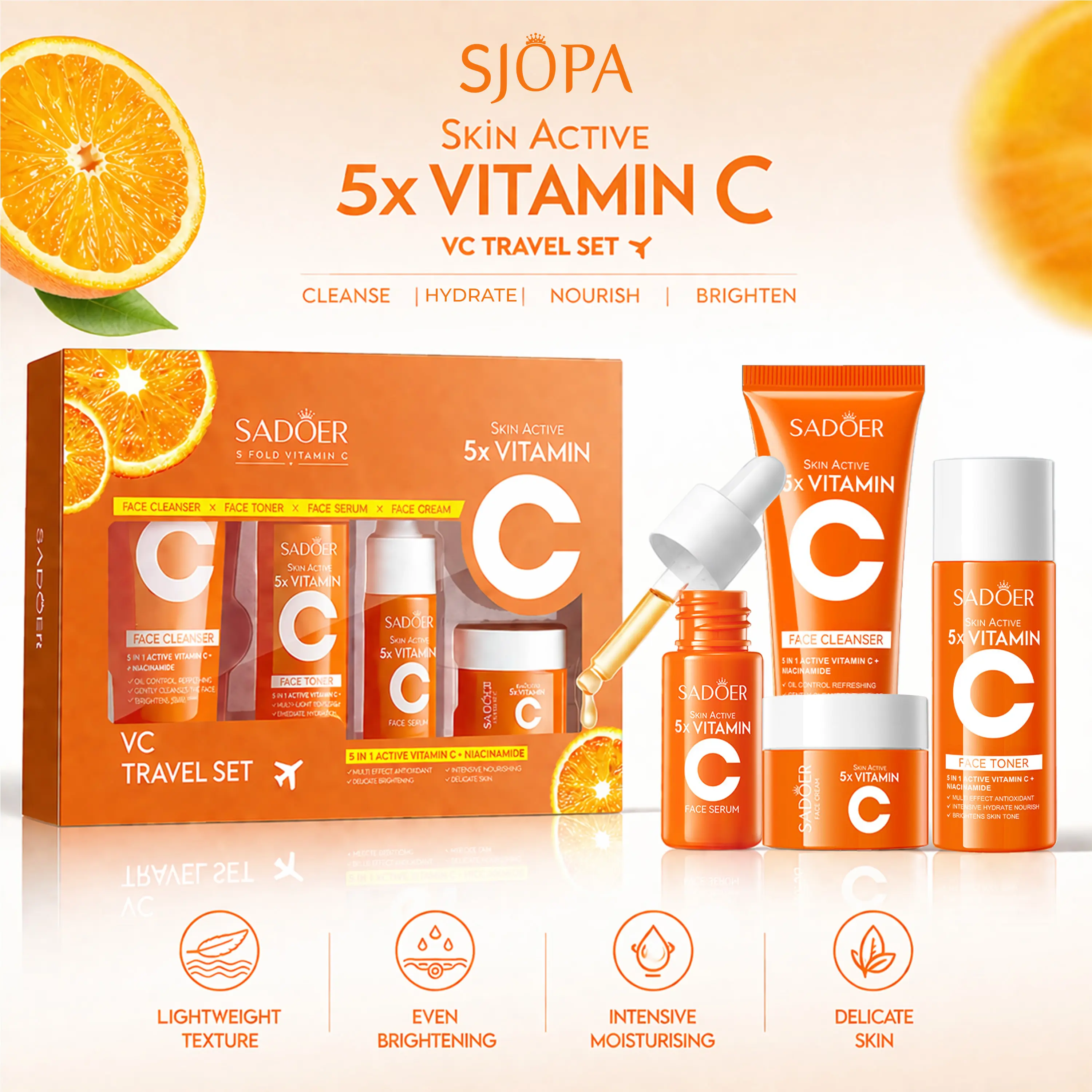 SADOER 4-Step Vitamin C Skincare Travel Set, Cleanser Toner Serum & Face Cream Mini Routine for Hydrating & Brightening, 30g+30ml+10ml+15g