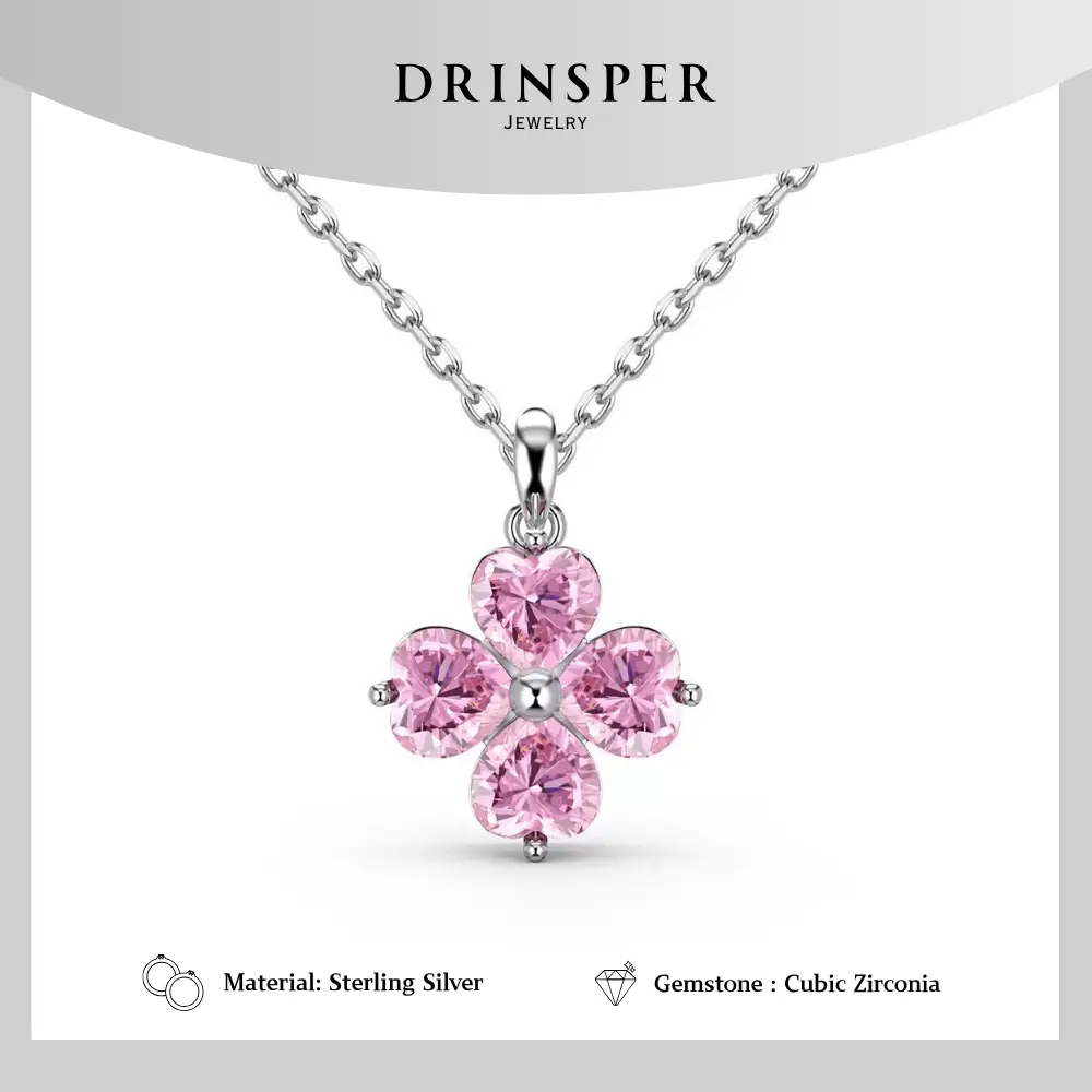 DRINSPER S925 Pink Clover Sterling Silver Pendant Necklace for Women Girls 5A Cubic Zirconia Charm Colourful Elegant Lucky Four leaf Clover Necklace Elegant Style Suitable for Daily Wearing Chrismas Gift for Girlfriend Mom