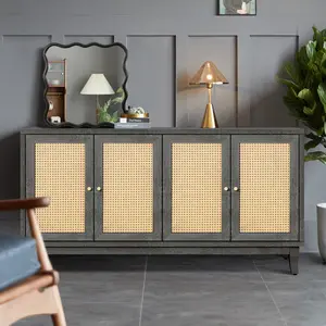 Handcrafted Premium Grain Panels,Rattan Sideboard Buffer Cabinet With 4 Rattan Doors, Modern Storage Cupboard Console Table with Adjustable Shelves for Living Room(Antique Dark  Gray)   WL tiktokshopspringglowup