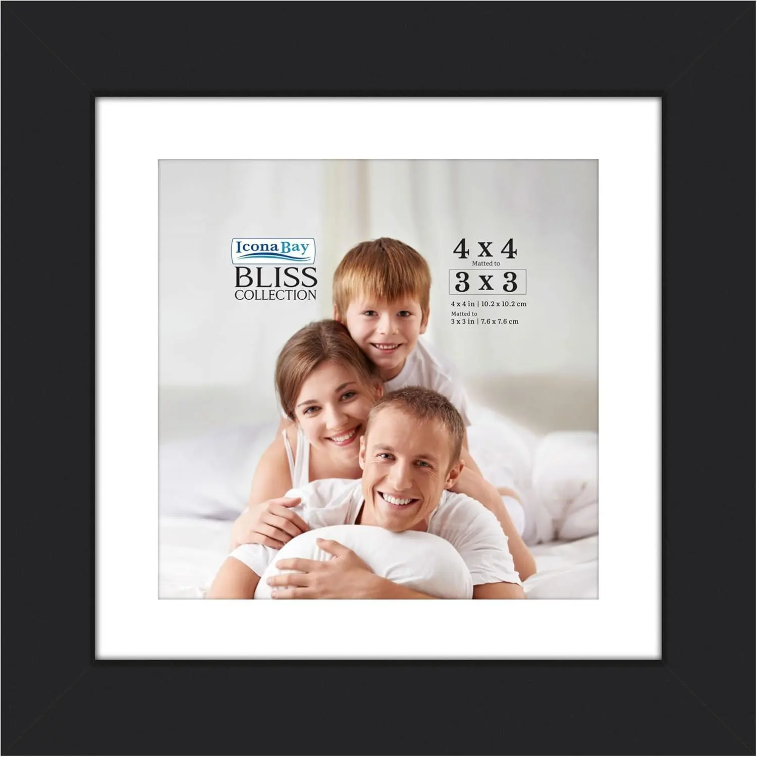 Black 4x4 in Rectangular Engineered Wood Family Photo Frame - Modern Bliss Collection with Removable 3x3 in Mat, Tabletop/Wall Mount Home Decor, Picture Frames for Wall