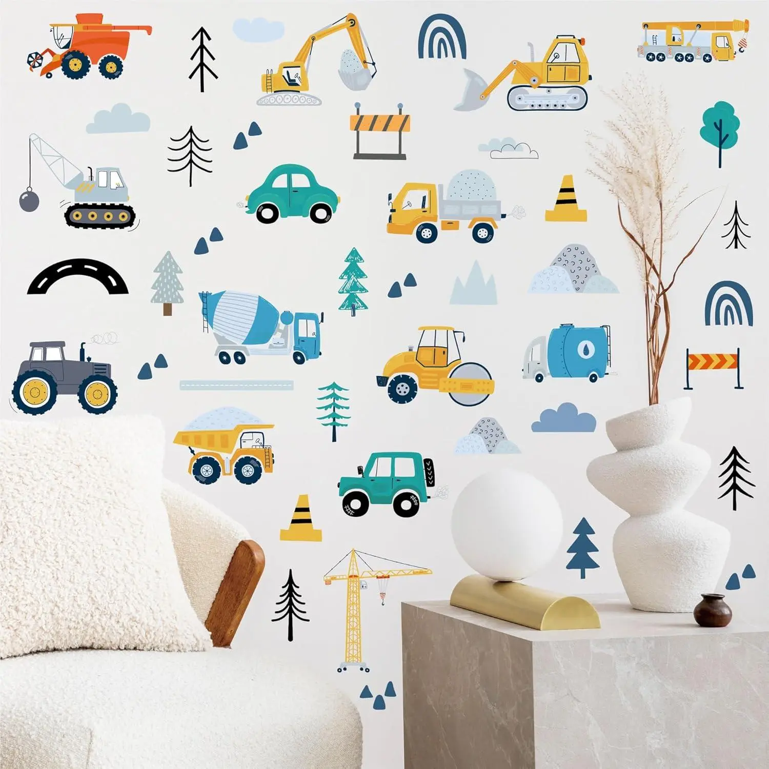 X-WPA27 Construction Wall Stickers - 6 Sheets 90 Pcs Construction Themed Trucks Excavator Crane Wall Decals Peel and Stick Wall Decors for Kids Baby Bedroom Boys Room Nursery Playroom Decorative Decoration