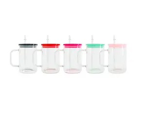 25pcs 17Oz Sublimation Glass Jar Mug with Colored Plastic Lid And Handle - Clear Coffee And Milk Mug for DIY Vinyl UV DTF Packaging Shatterproof Drinking Cup Leakproof Tumbler