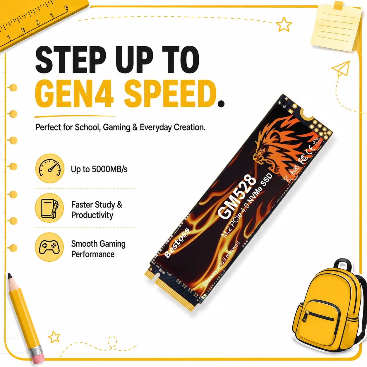Bestoss GM528 M.2 NVMe PCIe 2280 Internal Solid State Drive, Up to 5000 MB/s, 3D NAND SLC Cache, Graphene-Copper, NAS Compatible, Durable Performance for Business Laptops, Gaming PCs, Creative Workflow tiktokshopbacktoschool
