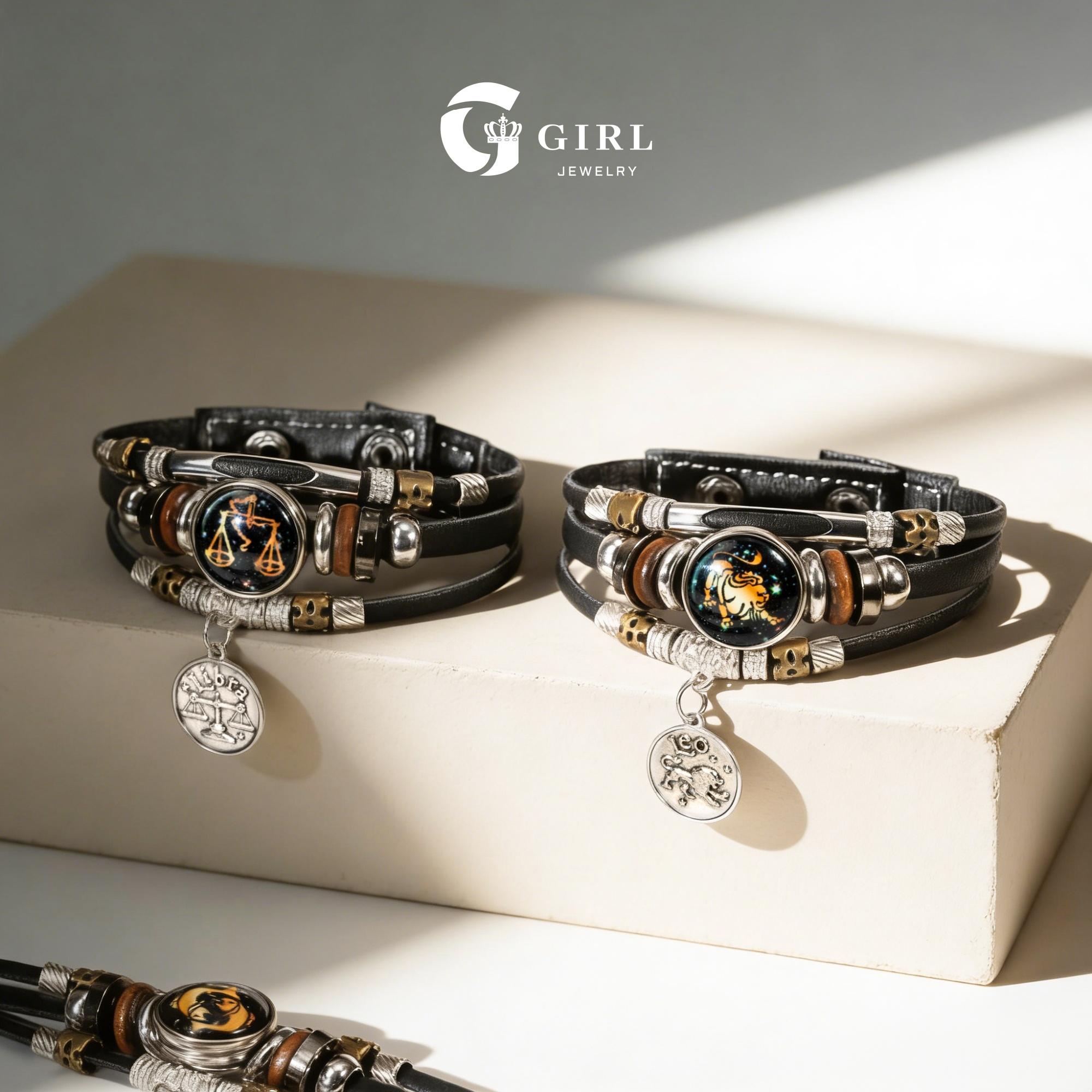 GGIRL 12 Constellation Vintage Bracelet for Men Women Braided Punk Leather Bracelets Gift Glow in The Dark Bracelet