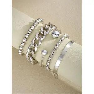 5-Piece Adjustable Silver&Golden Chain Bangle Set Layered Stackable Open Cuff Bracelets for Women Bohemian Italian Cuban Style with Beads&Link Design Anti-Tarnish Hypoallergenic Trendy Retro Jewelry Ideal for Dates Parties Holidays&Daily Wear