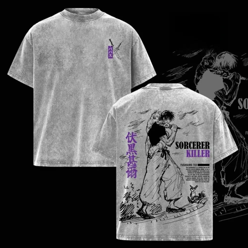 Toji Fushiguro Jujutsu Kaisen Character Men's Short-Sleeve Round Neck Loose-Fit Vintage Washed Oversized Graphic Print T-Shirt - Sorcerer Killer Manga Art Casual Streetwear Unisex Top, Gift for JJK Fans Merchandise