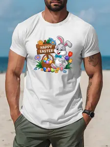 Men'S Easter Bunny & Egg Print Short Sleeve T-Shirt | Happy Easter Bunnies & Chicks Design with Bunny Ears, Breathable Round Neck, Casual Summer Beachwear, Spring Festival Party Outfit, Lightweight, Crew Nec