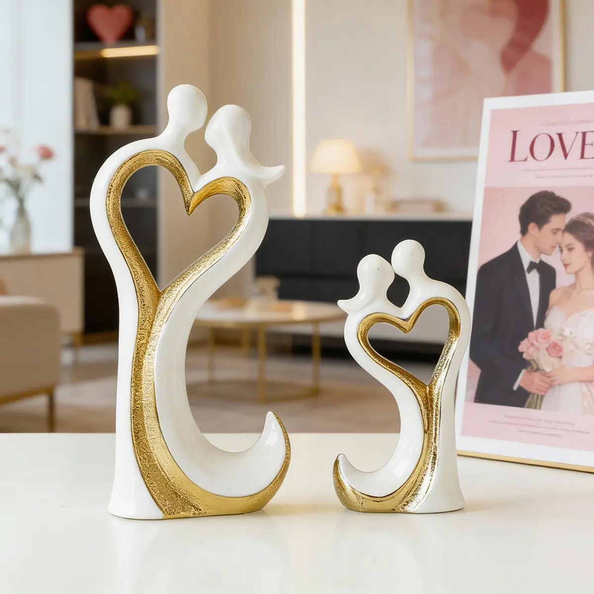 Couple Heart-Shaped Tabletop Ornament, Decorative Sculpture, Creative Design Artistic Ceramic Craft, Ceramic Figurine, Romantic Home Decor for Dining Room Living Room, Valentine's Day Gift Decoration, Decorative Ornaments