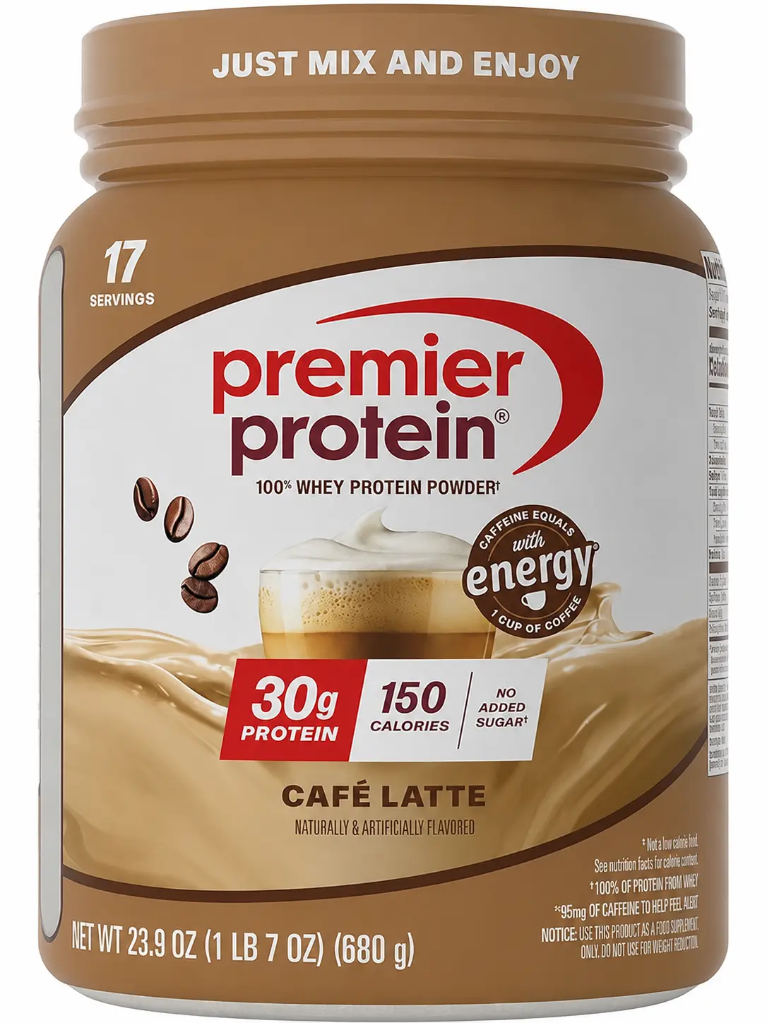 Premier Protein Powder, Café Latte, 30g Protein, 95mg Caffeine for Energy, No Added Sugar, 100% Whey Protein, Keto Friendly, Soy & Gluten Free, 23.9 oz, 17 Serving
