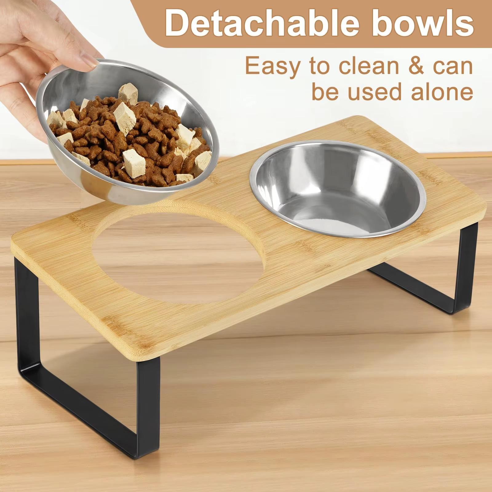 Elevated Dog Bowls with Wooden Stand 15° Tilted Raised Stainless Steel Cat Bowls Food & Water Feeding Dishes with Sprill Proof Mat Pet Safe Material Dishwasher Safe Easy to Clean for small dogs and cats