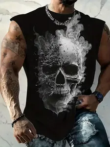 Men's Sleeveless Skull T-Shirt, Casual Loose Fit Summer Top, Fashion Streetwear Tee, All over Print Design, Comfortable Daily Wear