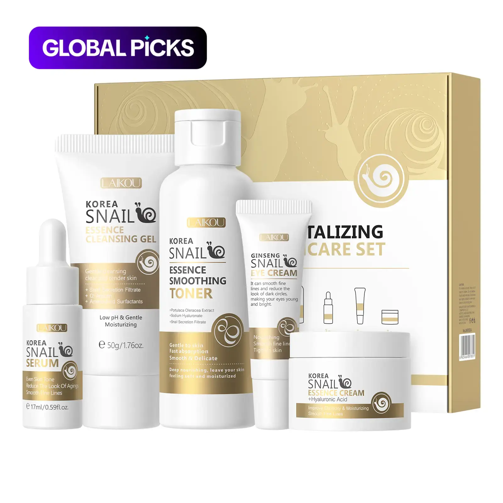 Snail Essence Skin Care Set, Hydrating Bundle, Hydration Kit, Including Facial Cleanser, Toner, Serum, Eye Cream, Moisturizer, Unisex Daily Skincare Routine Supplies, Good Molecules Skincare, Valentine's Day Gift