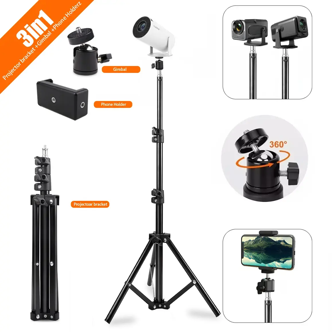 【US Warehouse】Magcubic Universal Projector Floor Tripod Stand, 160CM Retractable with 1/4 Standard Screw & Phone Clip, Portable Holder for Magcubic HY300 Pro Projector, Camera & Phone, Travel Accessory  #DailyDeals