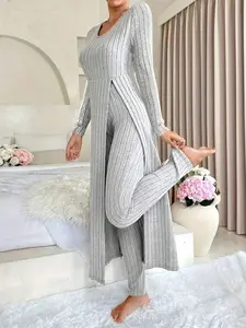 Women's Ribbed Long Sleeve Top & Pants Set, Side Pockets, Striped Design, Casual Comfortable Loungewear Sleepwear, 2 Piece