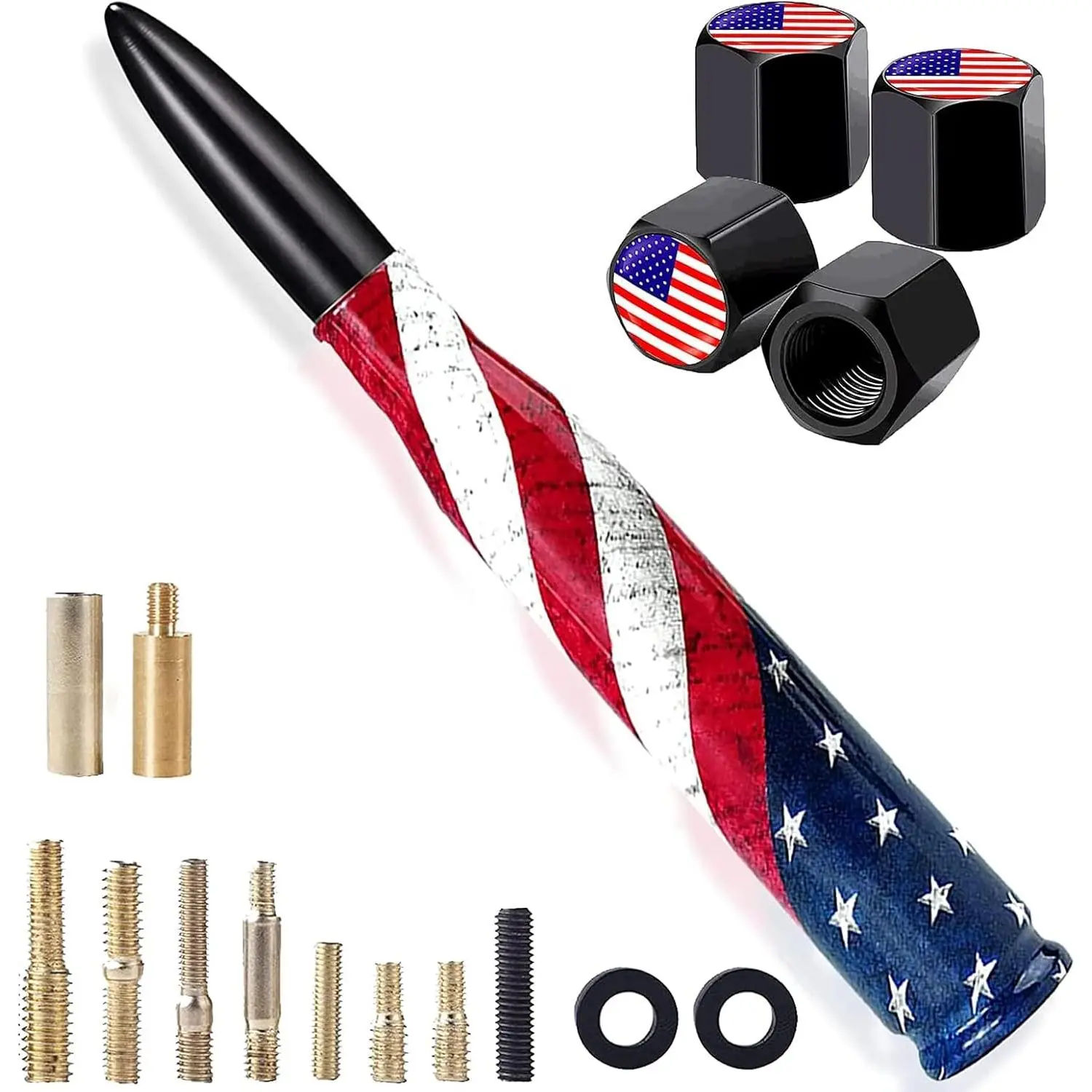 Car Truck Bullet Antenna with Valve Stem Caps for F150 F250 F350 Super Duty Raptor Dodge Ram Silverado 1500 2500 3500,Pickup Jeep Accessories(Silver )- American Flag Design-Car wash Safe