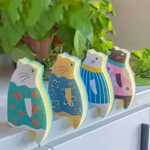4pcs/ Group (1pc Per Style), Can Be Vertical Sponge Wipe, Cute Cartoon Cat Shape Microfiber Sponge Brush, Suitable for Kitchen, Bathroom, Furniture Multi-Scene Cleaning Purposes, Bathroom Cleaning, Furniture Wipe