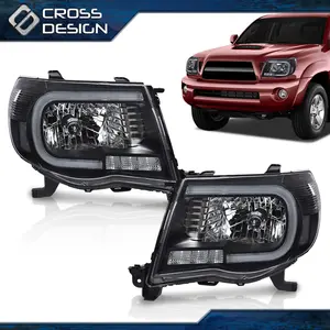 CROSSDESIGN Fit For 05-11 Toyota Tacoma Pair Clear / Black LED Tube DRL Projector Headlights