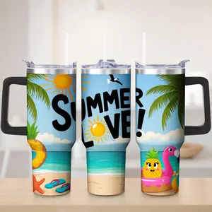 Summer Love Stainless Steel Tumbler Blue Tropical Pineapple Beach Scene Design For Outdoor Picnic Lake Side Relaxation