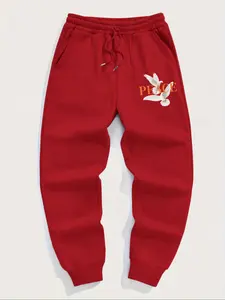 Men's Casual Fitted Drawstring Waist Pants, Thicken Fabric for Fall & Winter, Versatile Pigeon Print Sports Wear for Active Lifestyle, Knit Sports Pants