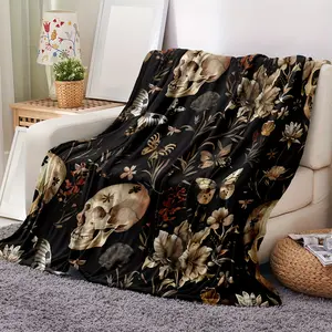 Gothic Bohemian Skull Floral Flannel Blanket Edgy Romantic Design Soft Warm Cozy Throw Moody Bedroom Decor Personal Sanctuary Machine Washable Unique Gift Idea Expressive Art Statement All Season Comfort