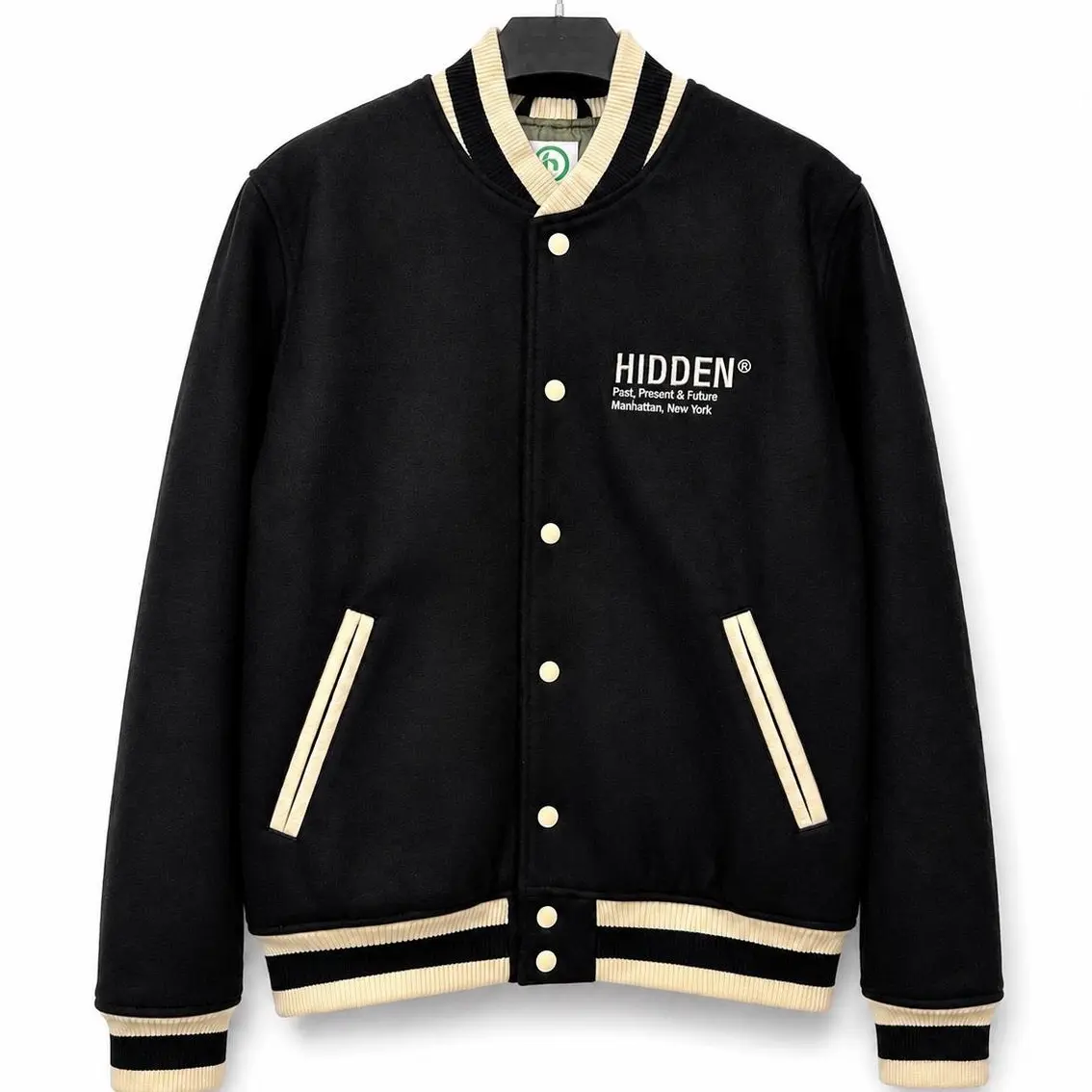 HIDDEN NY PPF PAST PRESENT FUTURE EMBROIDERED VARSITY JACKET - BLACK