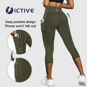 Women's High Waist Tummy Control Capris Leggings with Pockets Running Pilates Fitness Pants 9014FM